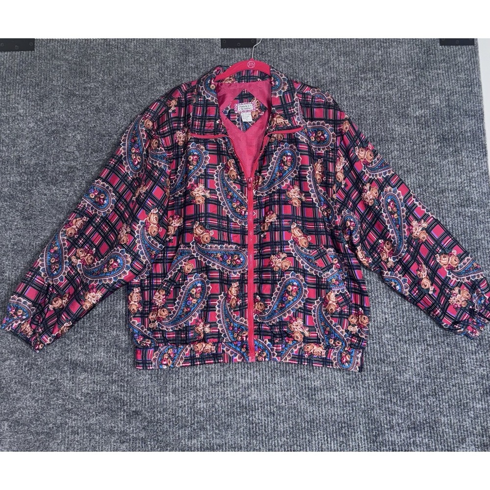 Vintage style 100% silk Paisley Plaid Floral Bomber Jacket Full Zip Red L